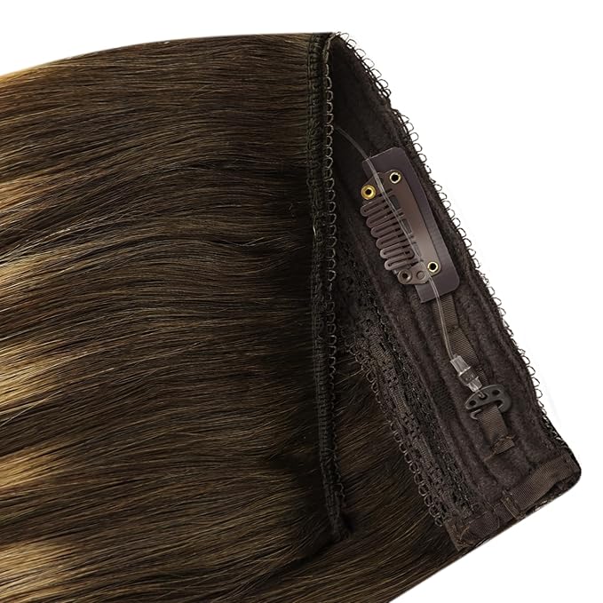 YoungSee Wire Human Hair Extensions Balayage Human Hair Wire Extensions Brown Fish Line Hair Extensions Balayage Chocolate Brown Mix Caramel Blonde for Women 16Inch 80G