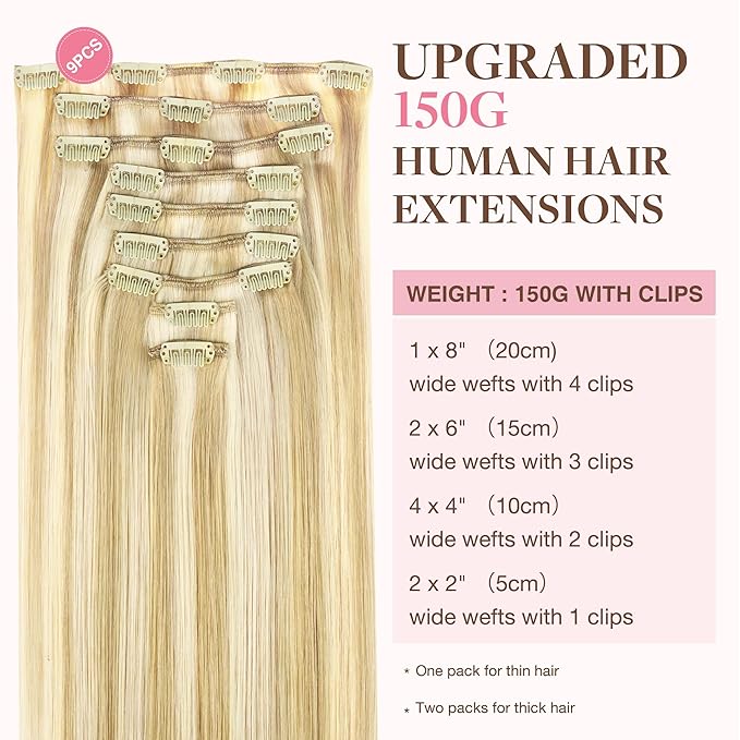 GOO GOO Clip in Hair Extensions Real Human Hair, Remy Human Hair Extensions Clip ins for Women, Natural Human Hair, 14inch 150g 9Pcs, 18D/22F Dirty Blonde Highlights