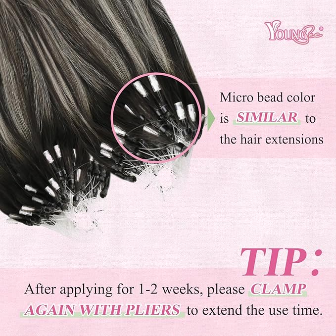 YoungSee Micro Loop Hair Extensions Real Human Hair Silver Balayage Micro Bead Hair Extensions Human Hair Black Ombre Silver Microlink Hair Extension Balayage Black 18 Inch 1g/s 50g 50s