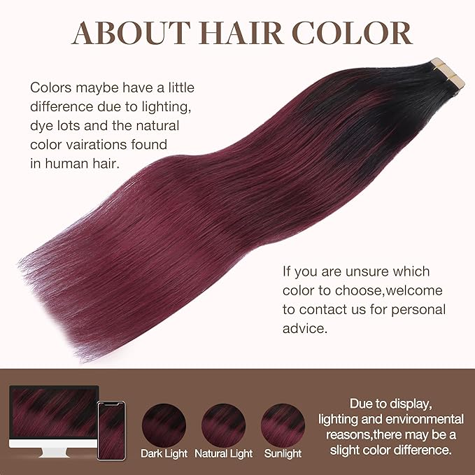 GOO GOO Tape in Hair Extensions Human Hair, 1/99 Balayage Jet Black to Red, 10inch 30g 20pcs, Skin Weft Seamless Invisible, Silky Straight with Thick Ends, Remy Human Hair