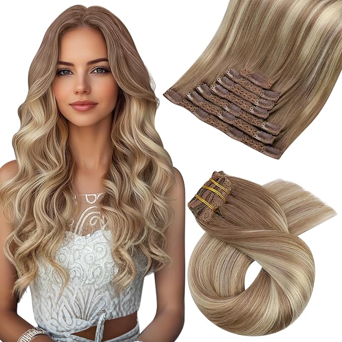 Moresoo Clip in Hair Extensions Brown to Blonde Clip in Extensions Real Human Hair Ombre Light Brown to Medium Blonde for Long 22 inch Double Weft 120g/7pcs