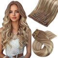 Moresoo Clip in Hair Extensions Real Human Hair Brown to Blonde Hair Extensions Clip ins Light Brown to Meidum Blonde Balayage Soft And Straight 120g/7pcs 16 inch