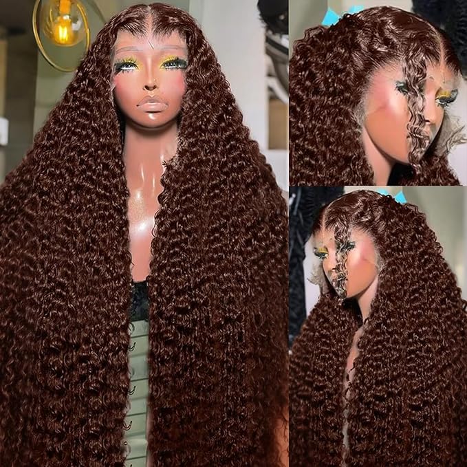 250% Density 32 Inch 13x6 FULL SKINLIKE HD Chocolate Brown Deep Curly lace front wigs Pre Plucked Real 0.10mm Ultra-thin Invisible Water Wave HD Lace Front Wigs Human Hair Small Knots Full Virgin Hair