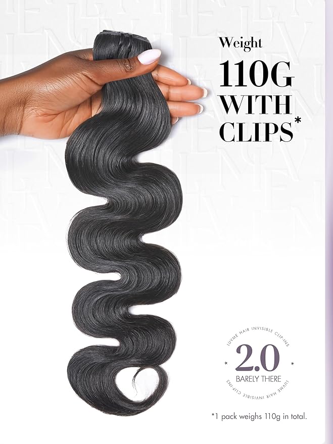 LUVME Invisible Clip in Hair Extensions Body Wave Real Human Hair, Remy Hair Clip ins for Women, Natural Human Hair, 18 inch 110g 6Pcs, Natural Black