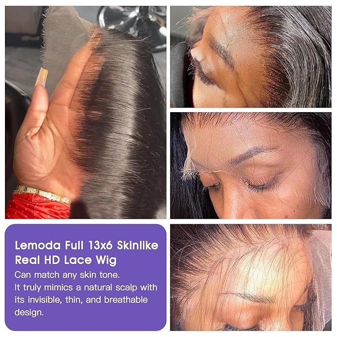 Lemoda Full 13x6 SKINLIKE Real HD Lace Frontal Wigs 210% Density 15A Straight 13x6 Full Lace Frontal Virgin Human Hair Wigs 22Inch Invisible 0.1mm Ultra-thin Knots Frayed Ends Lace Wig
