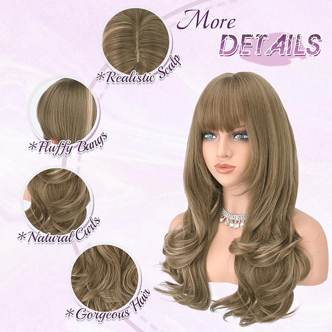 Haloo Brown Blonde Wigs with Bangs Long Wavy Layered Haircut Natural Looking Fluffy Synthetic Heat Resistant Hair Wig for Women Daily Party, 24 Inch Brown Mixed Blonde