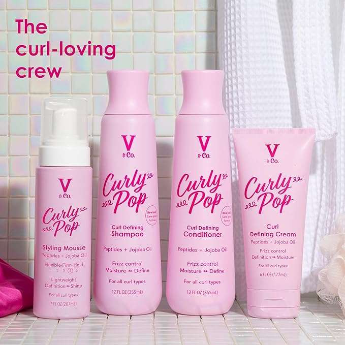 Bundle of V&Co. Beauty Curly Pop Curl Defining Shampoo, Conditioner, and Cream Hair Care with Peptides, Amino Acids & Jojoba Oil for Hydration, Frizz Control & Healthy Curls