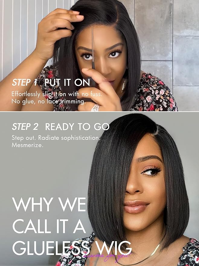 LUVME HAIR 14 Inch Light Yaki Straight Bob Wig Human Hair, Undetectable HD Lace Glueless Bob Wigs Human Hair Pre Plucked, Pre Cut Lace Wig Short Black Blunt Cut Bob Wigs 180 Density