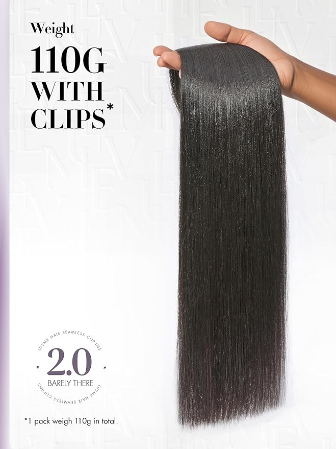 LUVME Invisible Clip in Hair Extensions, Yaki Straight Real Human Hair Remy Hair Clip ins for Women, Natural Human Hair, 20 inch 110g 6Pcs, Natural Black