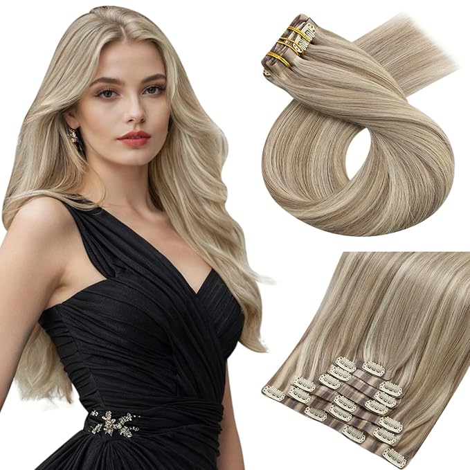 Moresoo Blonde Seamless Clip in Hair Extensions Real Human Hair Blonde Highlights Clip ins Human Hair Invisible Golden Brown with Platinum Blonde for Full Head 120g/7pcs 16 inch
