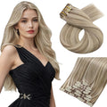 Moresoo Seamless Clip in Hair Extensions Blonde Highlight Remy PU Seamless Clip in Extensions Human Hair Light Brown with Blonde Full Head 7Pcs 120Gram 22inch