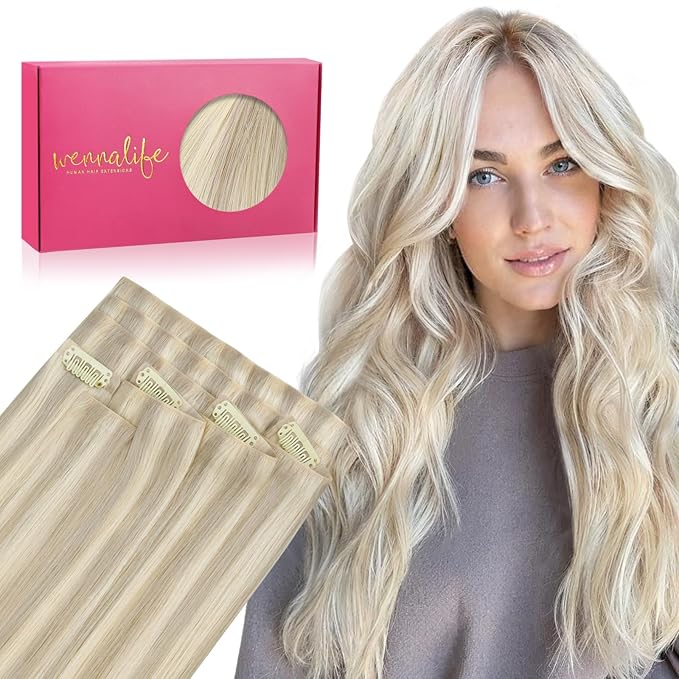 WENNALIFE Invisi Edge Clip in Hair Extensions Real Human Hair, 16 Inch 130g 7pcs Ash Blonde Highlighted Platinum Blonde Seamless Clip in Extensions Remy Hair Clip Ins Invisible PU Skin Weft Straight