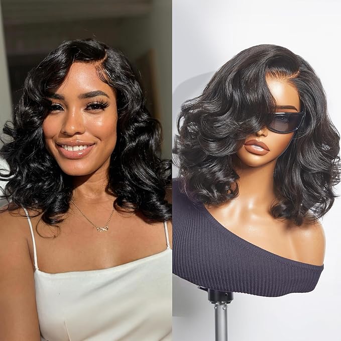 LUVME HAIR Loose Real 100% Wave Bob Human Hair Short Wigs Glueless Pre Cut Plucked Hd Lace Wig Ready To Go Natural Color Bleached Knots Side Part Black Wigs 16 Inches