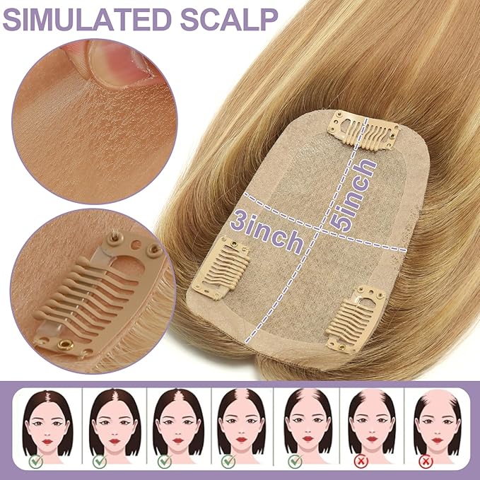 Real Human Hair Toppers for Women #TLQ, 3x5 Inch Injected Silk Base 130% Density 12 Inch Length Hair Toppers