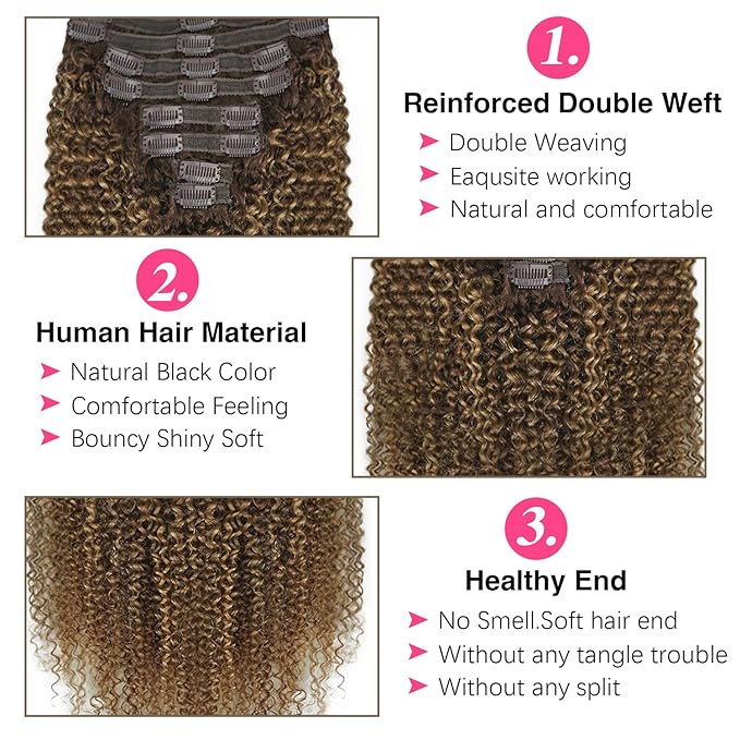 Kinky Curly Clip in Hair Extensions Real Human Hair 4/27/4 Omber Kinky Curly Clip ins For Women 3c 4a Brazilian Virgin Clip on Hair (14inch,#4/27/4)
