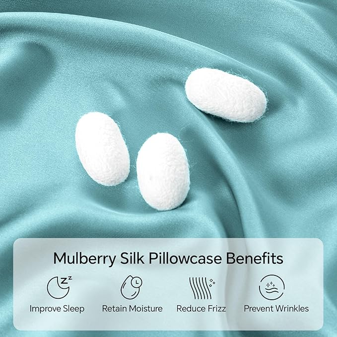 INFIIXSO Mulberry Silk Pillowcase for Hair and Skin, Silk Pillow Cases Queen Size Set of 2 with Hidden Zipper 20"x30", Ultra Smooth and Soft Cooling Pillow Cases for Hot Sleepers(Ocean Mist, 2 Pack)