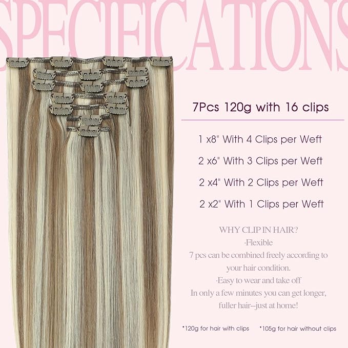 PINKPEARL Clip in Hair Extensions Straight Human Hair #8P60 Ash Brown Highlighted Platinum Blonde Clip in Extensions Remy Real Human Hair Extensions 7pcs 120g 14 Inch(#8P60-14)