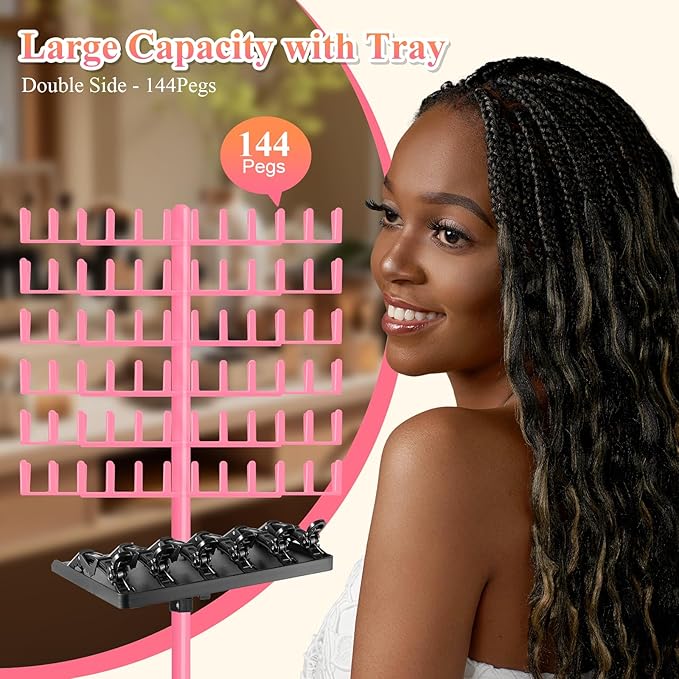 Braiding Hair Rack with Tray, 144 Pegs Height Adjustable Braiding Rack, 2-side Hair Extension Holder Hanger, Hair Stand with Stylist Hair Braiding Tools for Hair Salon Home Traveling (Pink)