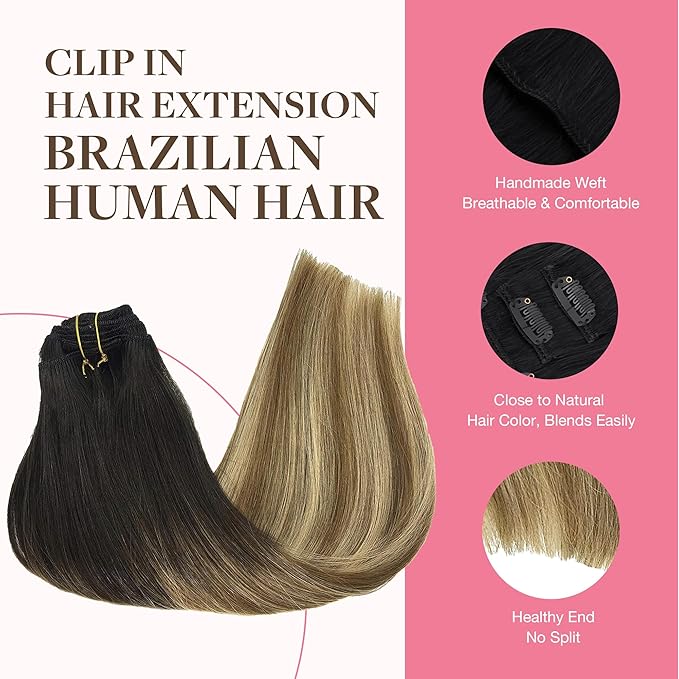 GOO GOO Clip in Hair Extensions Real Human Hair, Remy Human Hair Extensions Clip ins for Women, Natural Human Hair, 18inch 150g 9Pcs, 2/6/18 Balayage Brown to Dirty Blonde