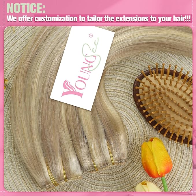 YoungSee 130G Wire Hair Extensions Human Hair Blonde Highlight Human Hair Wire Extensions Golden Blonde Headband Hair Extensions Mix Light Blonde Long Straight Hair 22Inch