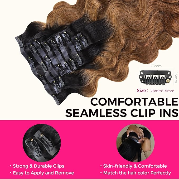 Lashey Seamless Clip in Hair Extensions Human Hair 150g 9pcs 20 Inch Body Wave Ombre Natural Black to Medium Auburn Clip in Hair Extensions for Women