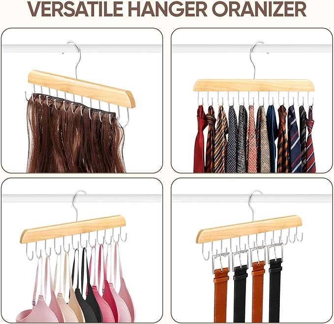 【2 Pack】 Wood Hair Extension Holder for Hair Storing, Washing, Drying, Coloring, Styling, Foldable Belt Hanger, Rotating Multi-Purpose Hooks Hanger, Hanging Closet Organizer