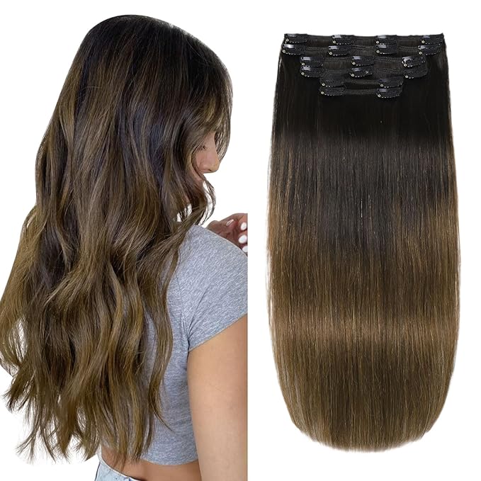 XDhair Clip in Hair Extensions Real Human Hair 100g 16 Inch 6Pcs Ombre Color Natural Black to Medium Brown Clip in Hair Extensions Natural Soft (#1BT4, 16 inch)