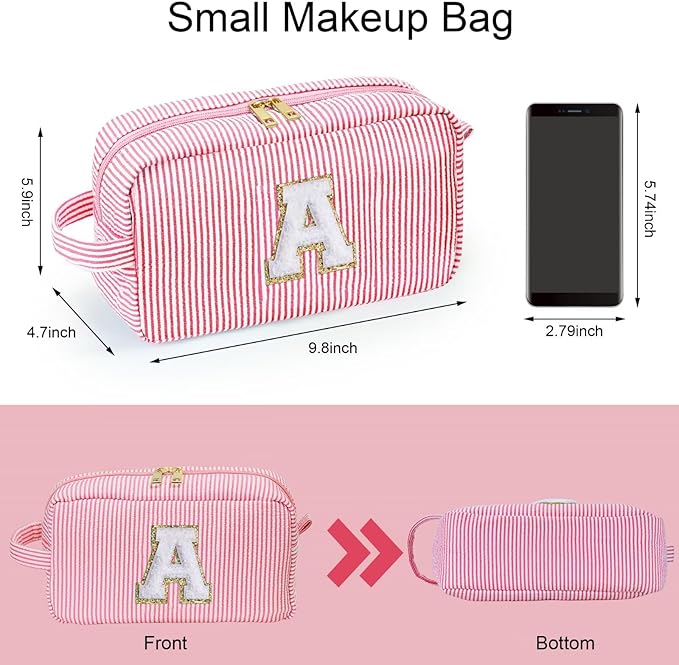 YOOLIFE Christmas Gifts for Women Teen Girls - Initial Makeup Bag Cosmetic Bag Toiletry Pouch, Personalized Birthday Gifts for Women Girls Mom Daughter Sister Friends, Pink A