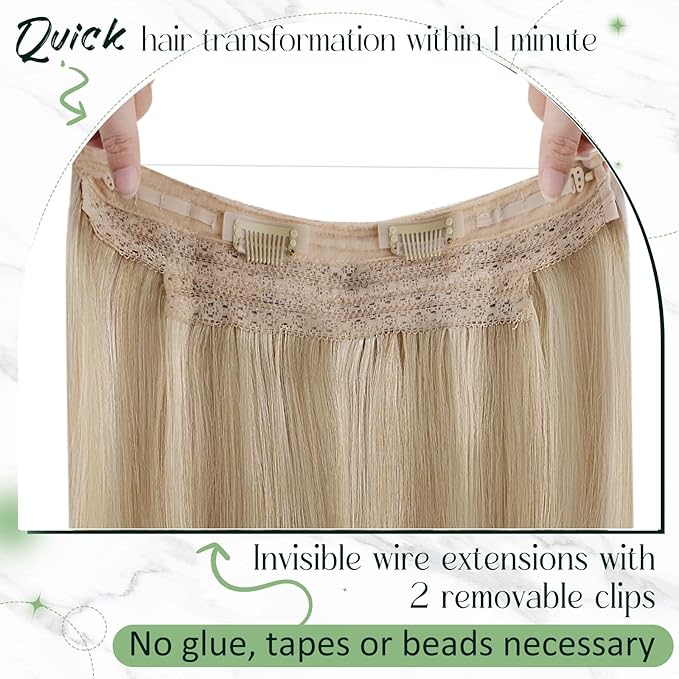 RUNATURE Wire Human Hair Extensions, Secret Wire Hair Extensions, Real Human Hairpieces with Transparent Wire, 14 Inch 70g #16P22 Dark Ash Blonde Highlight Light Blonde