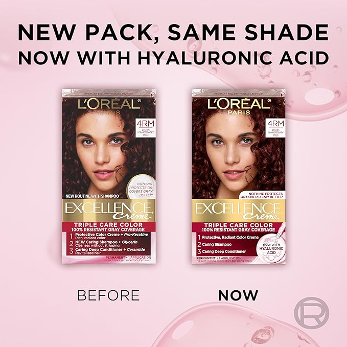 L'Oreal Paris Excellence Crème Permanent Hair Dye, Triple Care Hair Color with Pro-Keratine Complex for 100% Gray Hair Coverage, 4RM Dark Mahogany Red, 1 Kit (Pack of 2)