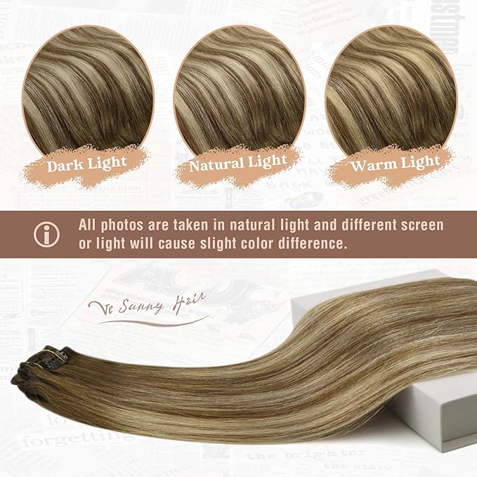 Ve Sunny Balayage Clip in Hair Extensions Human Hair Clip in Extensions Brown Clip in Human Hair Extensions Chestnut Brown with Platinum Blonde Hair Extensions for Holiday Party 120g 7pcs 24inch