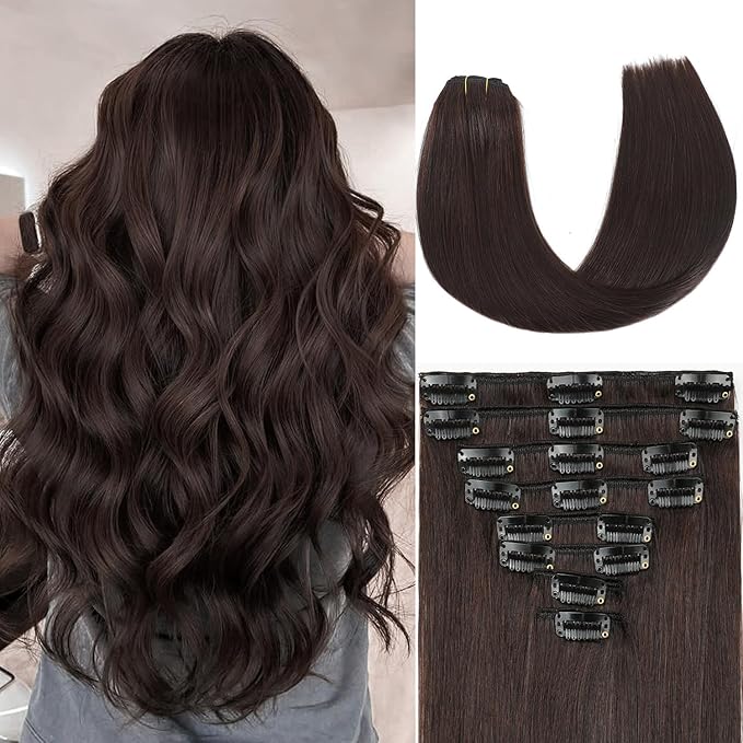 Dark Brown Clip in Hair Extensions Real Human Hair Invisible Seamless Remy Human Hair Clip in Extensions for Women 22 Inch 110g, 8pcs Per Set with Double Weft
