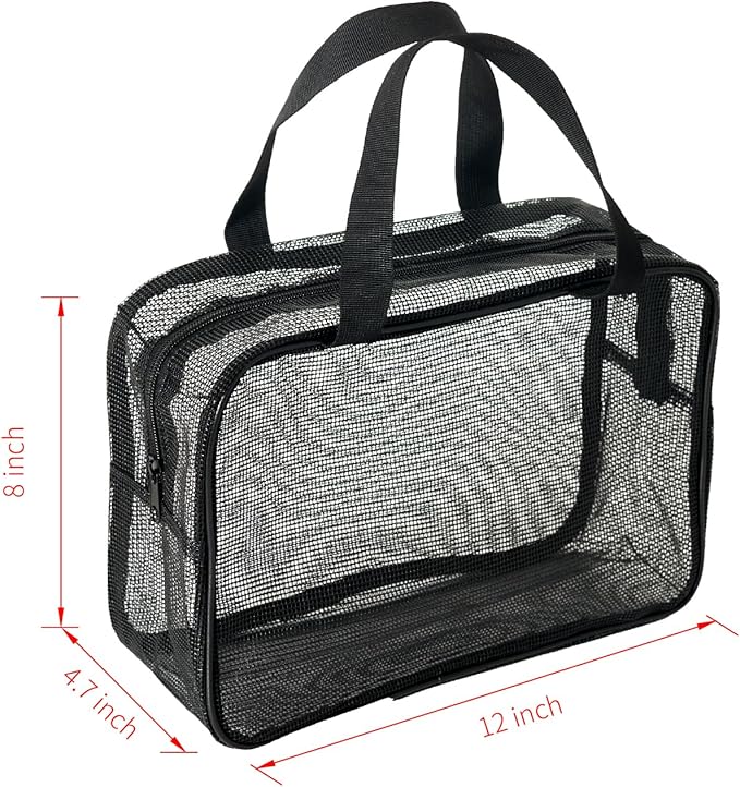 Black Mesh Shower Tote Bag - 12×8Inch Portable Quick-Dry Hanging Pouch for Bathroom, Gym, Camping, Toiletry Organizer