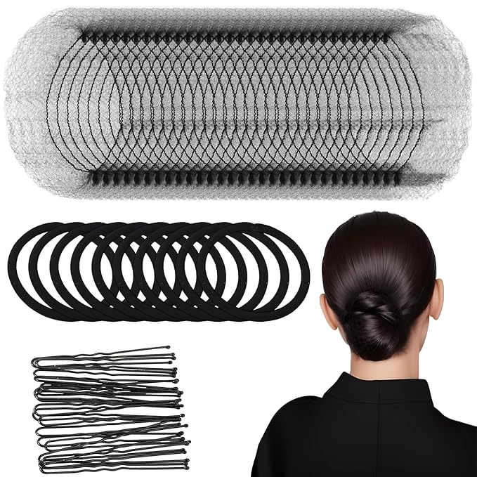 80Pcs Hair Net Set，30 Invisible Elastic Nylon Hair Net，40 U-Shaped Hair Pins and 10 Elastic Hair Ties,Perfect for Ballet Bun, Food Service, and Everyday Use（Black）