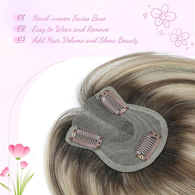 YAMI Hair Toppers for Women Fluffy Human Hair Topper 10inch Handmade Swiss Base Hairpieces 360° Cover Hairloss (Ombre Light Brown with Blond Highlight)