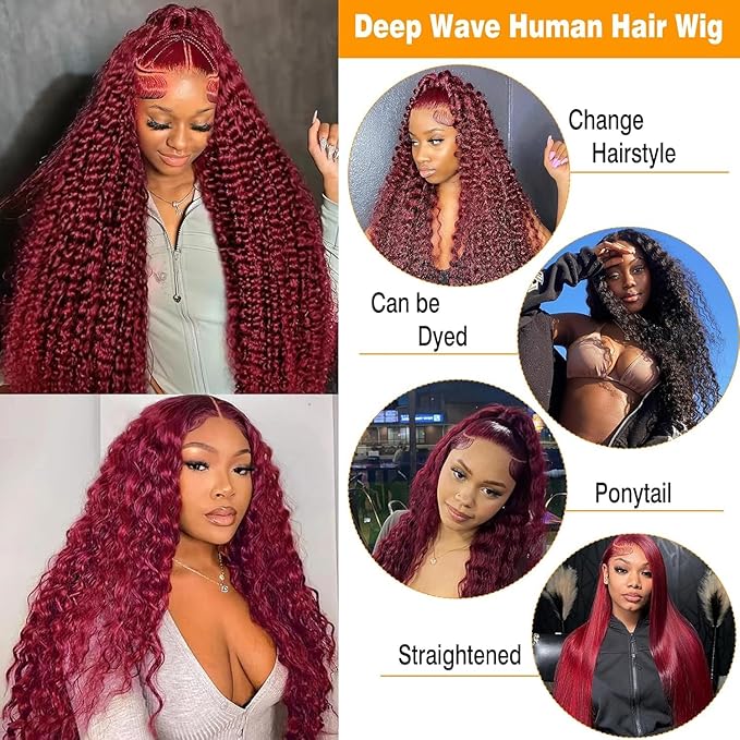 BVLBVL 32 Inch 99j 13x6 HD Lace Front Wigs Human Hair 250% Density Deep Wave Lace Front Wigs Pre Plucked Burgundy Wig Human Hair Wet And Wavy No Tangle No Shedding Triple Lifespan 3x