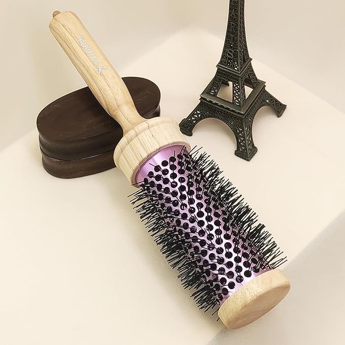SUNBIRD Round Brush for Blow Drying - Wood Handle Professional Blowout Brush with Aluminium Ceramic Ionic Thermal Barrel for Smooth Hair, Volume & Heat Wave Curly Styling (Outer Diameter2.4Inch)