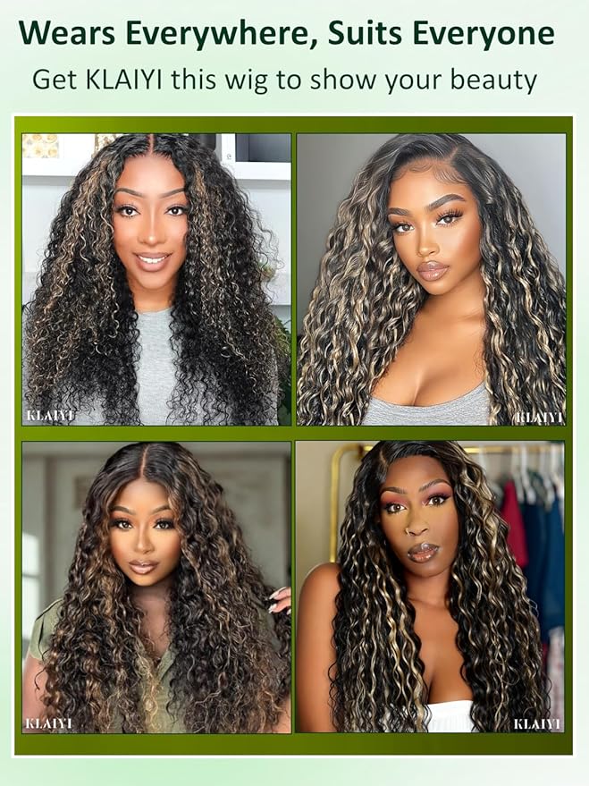 KLAIYI Ombre Highlight Blonde Water Wave Glueless Pre Everything 13x4 Lace Front Wigs Human Hair Drawstring Pre Plucked Pre Bleached Bye Bye Knots Curly Wig with Dark Roots Ready to Wear and Go 18Inch