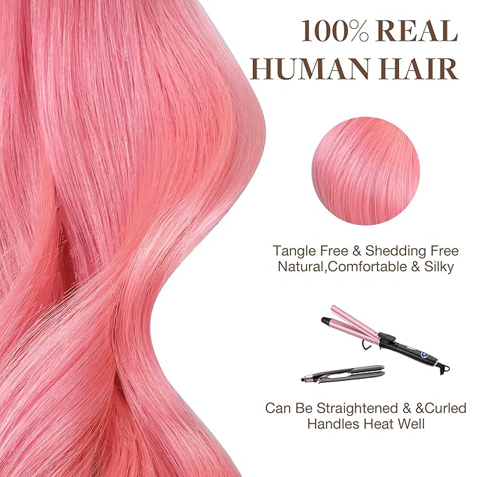 GOO GOO Tape in Hair Extensions Human Hair, Peach Pink, 14inch 25g 10pcs, Colored Tape ins Human Hair Extensions, Silky&Soft Invisible Tape Ins, Hair Highlighted for Party