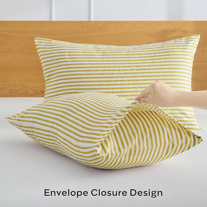 JELLYMONI 100% Natural Cotton Striped King Pillowcases Set, 2 Pack White and Yellow Stripes Pattern Printed Pillow Covers with Envelope Closure(Pillows are not Included)