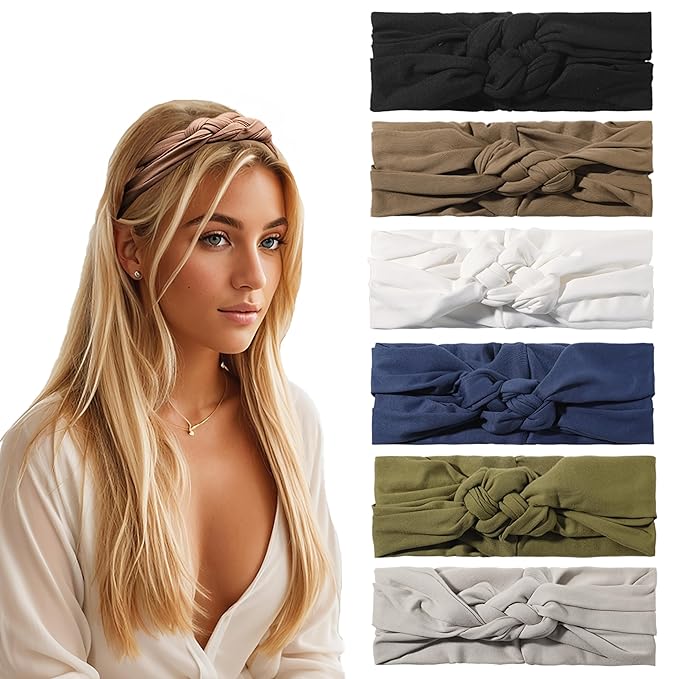 Vercret Headbands for Women Wide Sailor Knot Braided Headband Adjustable Hair Bands Non Slip for Girls Boho Stretchy Turban Headwrap Yoga Workout, Solid Color, 6Pcs