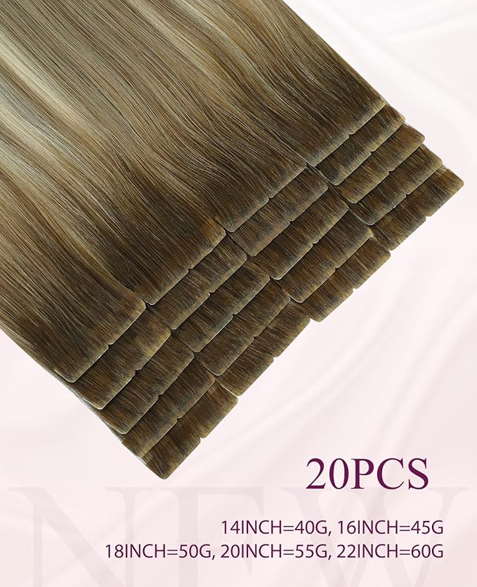 Pinkpearl Invisible Tape in Hair Extensions Human Hair, 20pcs 20inch 55g #3/8/22 Balayage Walnut Brown to Ash Brown and Golden Blonde Injection Tape in Extensions Real Remy Human Hair Injected