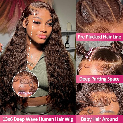 13x6 Deep Wave Lace Front Wigs Human Hair Chocolate Brown 200 Density HD Lace Front Wigs Human Hair Curly Wig Pre Plucked Human Hair Glueless Frontal Wigs with Baby Hair (34 Inch)