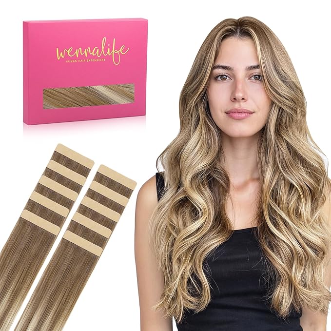 WENNALIFE Tape in Hair Extensions Human Hair Balayage Dirty Blonde with Platinum Ends Tape in Extensions, 10pcs 30g 22 inch Remy Invisible Tape Ins Straight Colored Soft Refill Set
