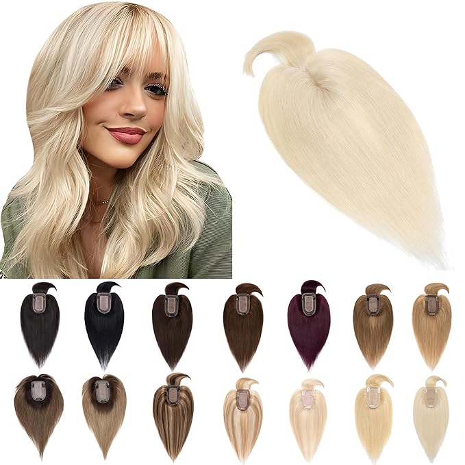 SEGO Hair Toppers for Women Real Human Hair With Bangs, 7 * 13CM Silk Base 100% Remy Human Hair Clip in Top Wiglet Hairpieces Add Volume -16 Inch Platinum Blonde