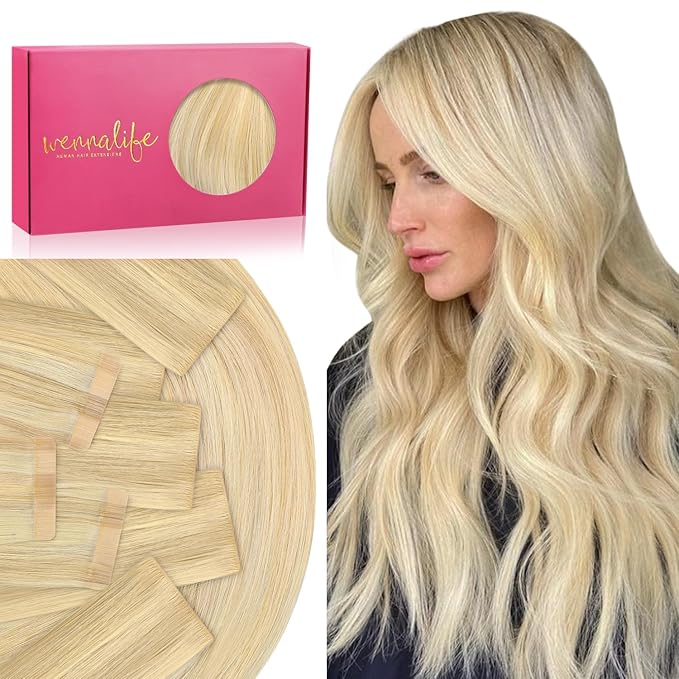 WENNALIFE Invisi Edge & Classic Tape in Hair Extensions Human Hair, 16 Inch 50g 20pcs(10pcs Invisi Edge & 10pcs Classic) Light Blonde Highlighted Golden Blonde Invisible Luxury Remy Hair Injected