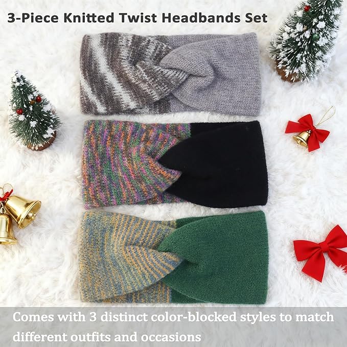 3Pcs Knitted Headbands for Women Twist Knit Winter Headband Thick Wide Ear Warmers Hair Accessories for Cold Weather