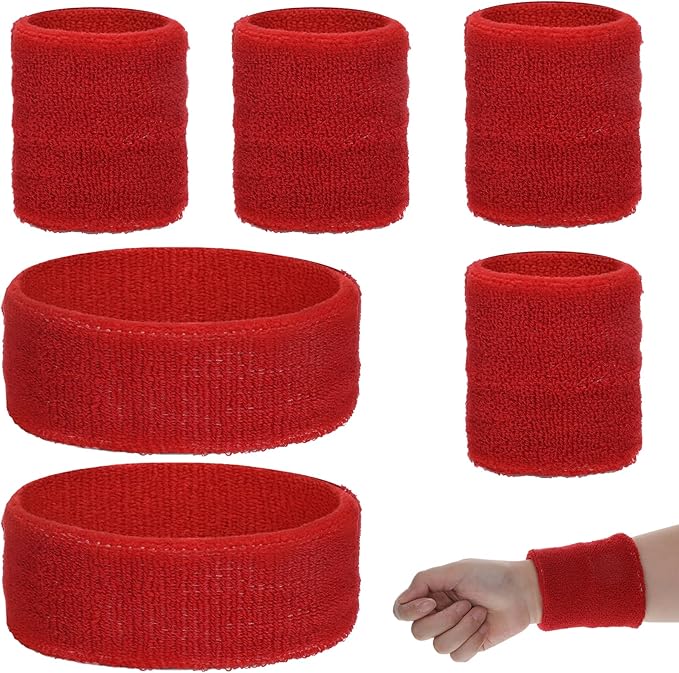 6PCS Sweatband Set, Headband and Wristband Set of 2PCS Sports Headband and 4PCS Wristband Breathable Sports Band for Women Basketball Soccer Yoga Badminton Tennis(Red)