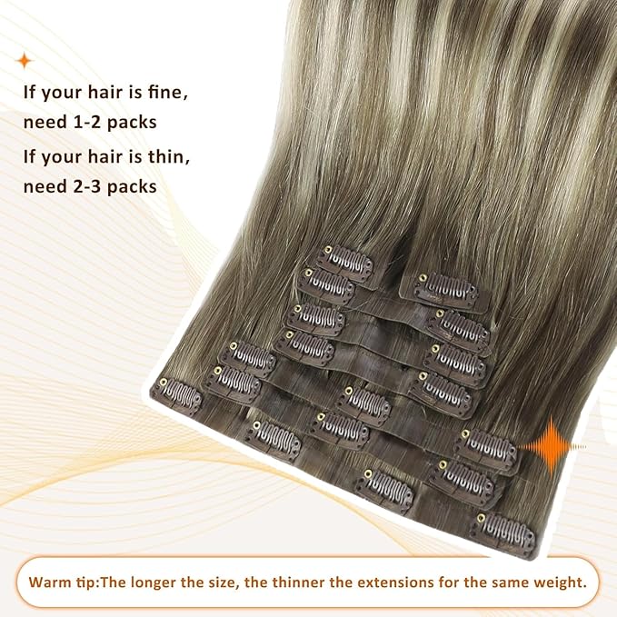 Full Shine Balayage Clip in Hair Extensions 18 Inch Ash Brown to Cool Blonde Real Human Hair with PU Weft Clip in Hair Extension Real Human Hair 8 PCS 120 G