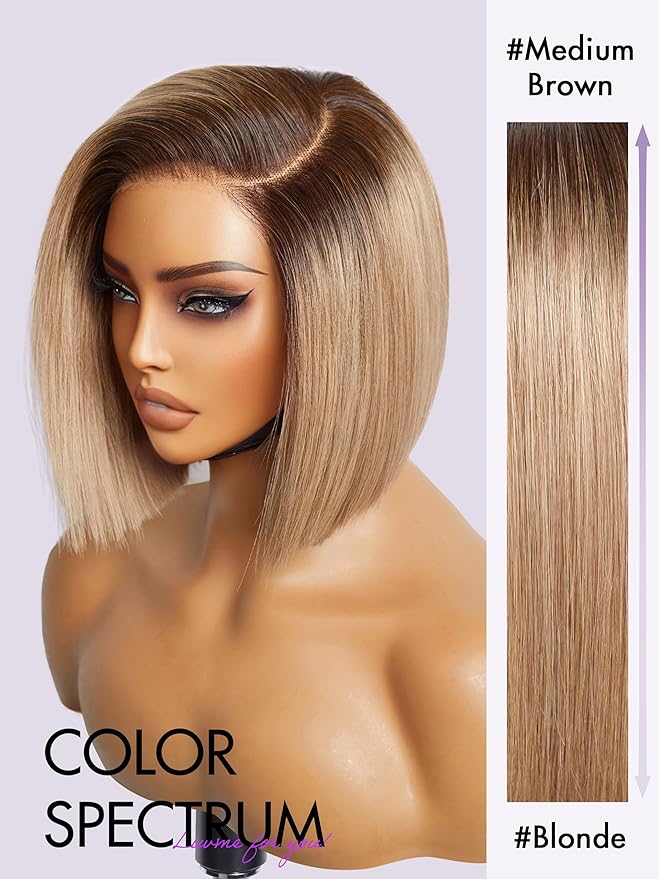 LUVME HAIR 8 Inch Ash Blonde Blunt Cut Bob Wig Human Hair Pre Cut Glueless HD Lace Closure Wig Mature Boss Side Parted Ombre Straight Short Wig